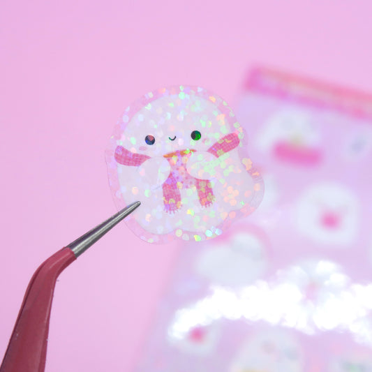 Holo Glitter Pink Ghosties Halloween Stickers (S016)